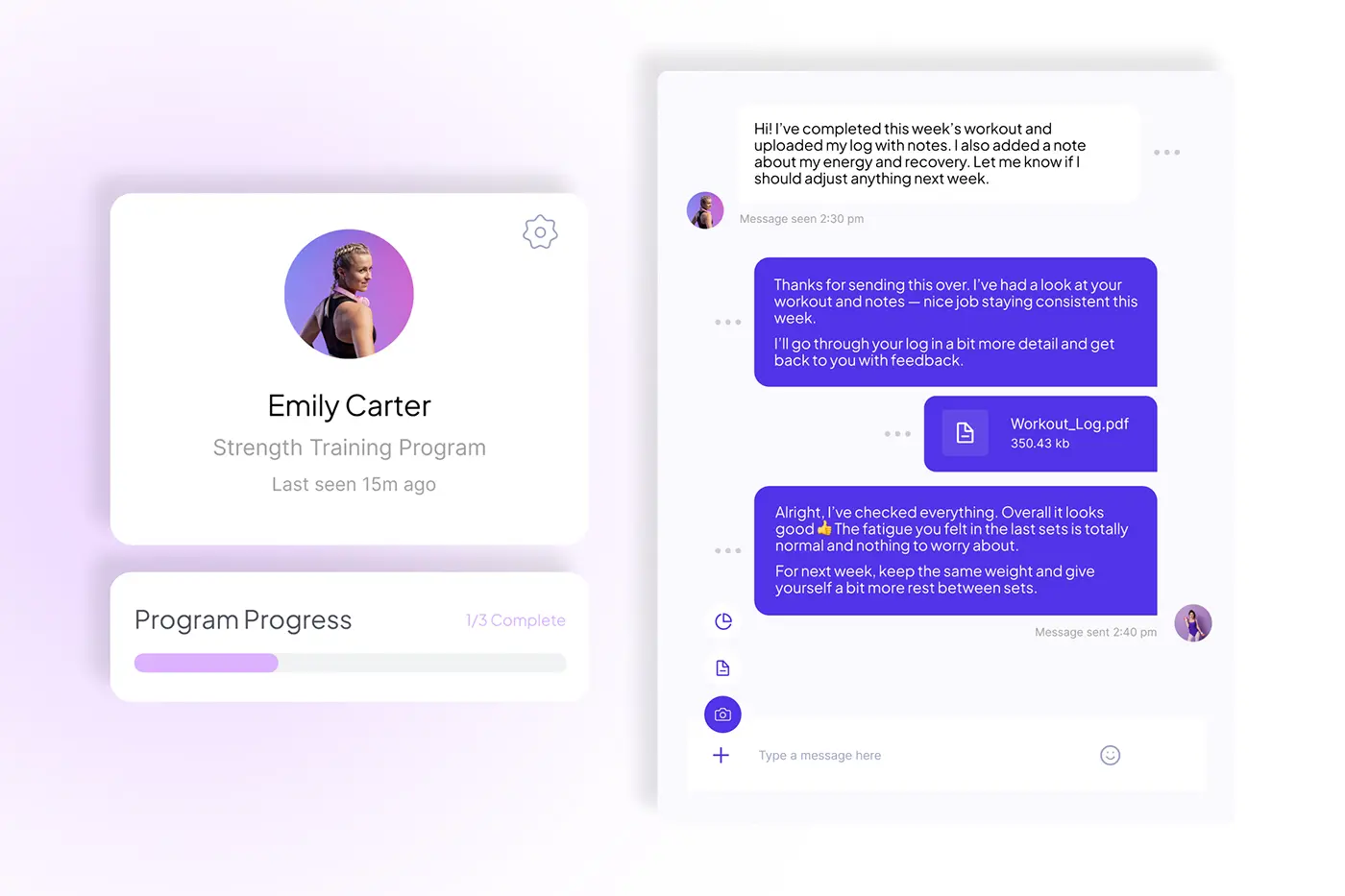 Strength training coach dashboard showing client progress, workout log feedback, and messaging interface for online fitness coaching.