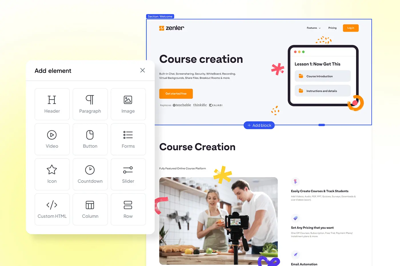 Zenler drag and drop course website builder editor interface for creators